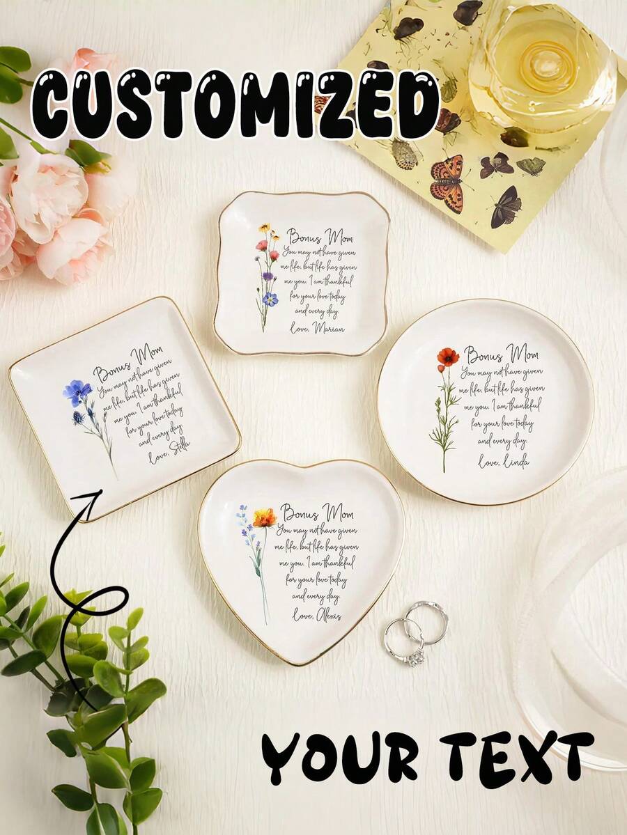 Bandeja de Joias Floral Personalizada - Porta-Anéis de Cerâmica com Estampa Floral em Aquarela Personalizada, Bandeja de Joias Personalizada, Prato para Alianças de Casamento Personalizado, Presente de Aniversário para Ela, Presente para Pedido de Madrinha, Organizador de Joias Exclusivo, Presente de Amizade, Ideal para Exibir Joias em Aniversários, Casamentos, Bodas, Convites de Madrinhas e Uso Doméstico/Escritório - Multicolorido - Ver 1