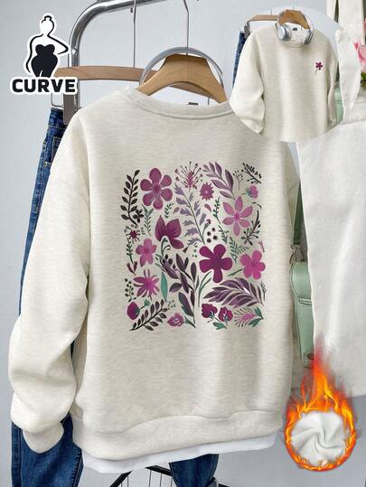 Blommigt tryckt damtröja med rund hals, plusstorlek, för höst och vinter, festkläder och kinesiskt nyår