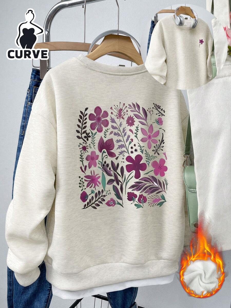 印花女式休闲加大码保暖圆领卫衣，适合秋冬季节、派对、中国新年等场合穿着。 - 淺灰色 - 查看 1