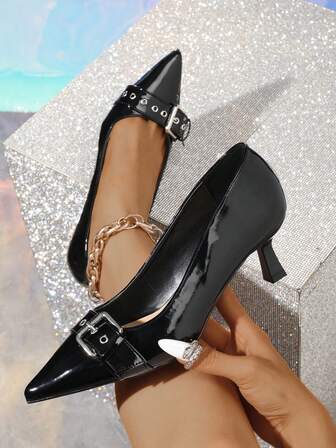 Black Elegant Pointed Toe Low Heel Pumps For Women