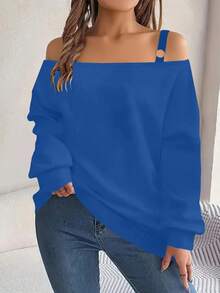 Women's Fashionable Off-Shoulder Solid Color Camisole Top, Spring/Autumn - Blue - View 5
