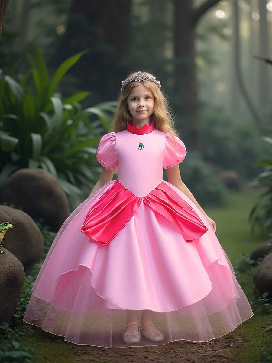 Váy tutu công chúa màu hồng tay ngắn cho bé gái, thích hợp cho tiệc tùng, sinh nhật, rải hoa, đám cưới - Hồng - Xem 1