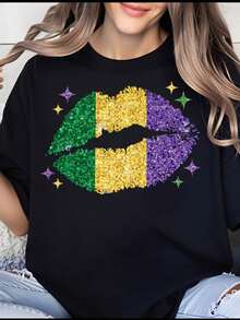 Mardi Gras Lip Design Sequin T Shirt With Green Gold And Purple Colors Festive Party Wear For Women Celebrate Carnival Season - 黑色 - 查看 1
