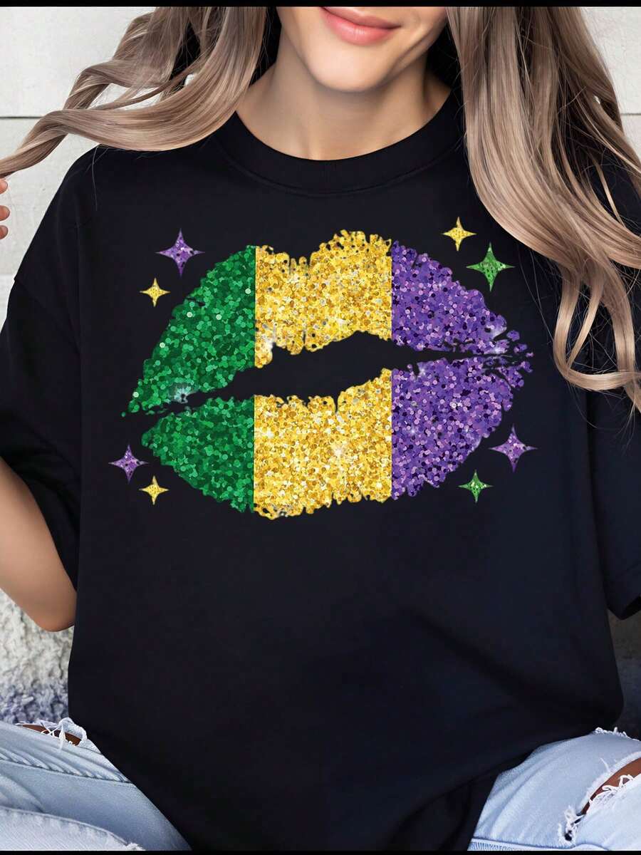 Mardi Gras Lip Design Sequin T Shirt With Green Gold And Purple Colors Festive Party Wear For Women Celebrate Carnival Season - 黑色 - 查看 1