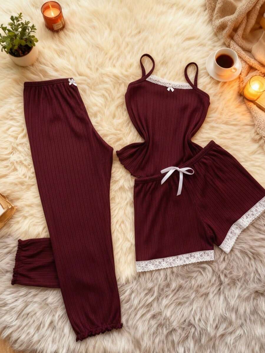 Women's 3-Piece Trio Pajama Set: Tank Top, Shorts, And Pants. Comfortable Ribbed Fabric. - Maroon - View 1