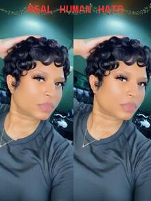 女士精灵短假发，真人发卷发，黑色短款刘海，无胶无蕾丝前额，全手工编织分层假发，佩戴方便，是送给爱人、朋友、家人或日常佩戴的理想礼物 - 黑色 - 查看 2