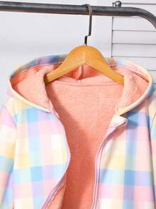Tween Girl Plaid Thermal Lined Hooded Zip-Up Casual Jacket, Tween Kid - Pink - View 3