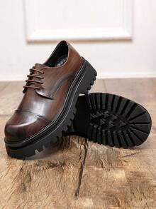 Men's Versatile Korean Style British Casual Lace-Up Thick Sole Solid Color Business Shoes, Suitable For Party, Commute, Street Wear, All Season - màu nâu - Xem 9