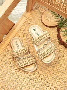 2026 Girls' Woven Chain & Beaded Decor Slides, Glossy Material, Non-Slip, Open Toe, Flat, Luxurious, Ladylike Style Children's Slippers, Suitable For Summer Outings, Elegant Attire, Holidays And Family Gatherings