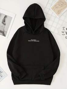 Sudadera con lema y estampado de ola con bolsillo canguro y cordón - Negro - Ver 2