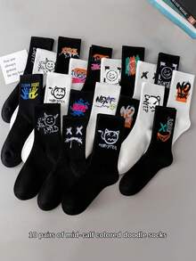 20双男女通用涂鸦字母和笑脸印花船袜，篮球运动袜，适合日常穿着和锻炼 - 彩色 - 查看 16