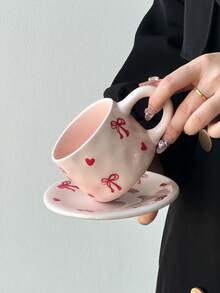 Conjunto de 1 xícara e pires de cerâmica com laço rosa, elegante xícara e pires de cerâmica floral, delicada xícara para chá da tarde, xícara para leite no café da manhã em casa, xícara para água, xícara para suco, xícara para café no escritório, xícara para café saudita, xícara para presente - Multicolorido - Ver 7