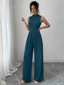 Women's Summer Knit Romper Elegant Casual Romper Sleeveless High Neck Wide Leg Romper Belt Pocket - 湖藍色 - 查看 3