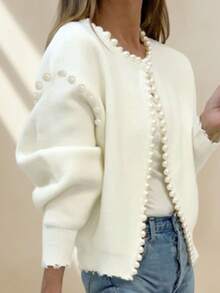 Solid Plain Print Pearl Beaded Trim Decor Crew Neck Bubble Lantern Sleeve Frayed Hem Knit Cardigan For Date Daily Commuter Spring Holiday White - White - View 6