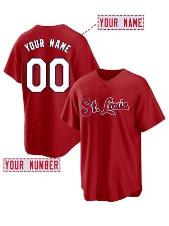 Anpassad herrbasebolltröja med broderi, röd V-ringad, personlig kortärmad, knappar, festtröjor, träningstoppar, S-XXL