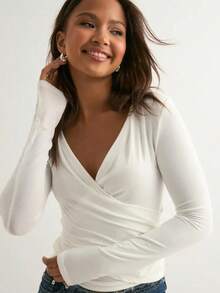 Women's Casual Long Sleeve Wrap Blouse With Ruched Detail And High Stretch Fabric - White - View 1