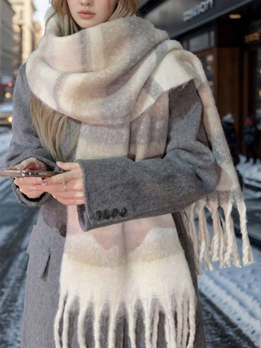 1pc Women's New Fluffy Tassel Scarf, Warm And Comfortable Shawl, Windproof And Warm, Suitable For Outdoor Activities, Versatile For Daily Wear, Autumn/Winter - Coffee Version - View 1