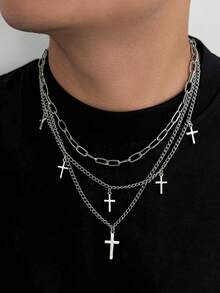 3pcs Punk Style Simple Cross Necklaces, Men's Fashion Layered Iron Alloy Necklaces, Suitable For Daily, Party, Birthday, Holiday, Father's Day, Boyfriend Gifts, Couple Jewelry Necklaces
