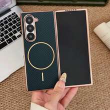 1pc Luxury Business Plaid PU Leather Coated Phone Case, Compatible With Samsung Galaxy Z Fold 7/6/5/4, Supports Wireless Charging, Full-Body Protective Cover - Navy Blue - View 2