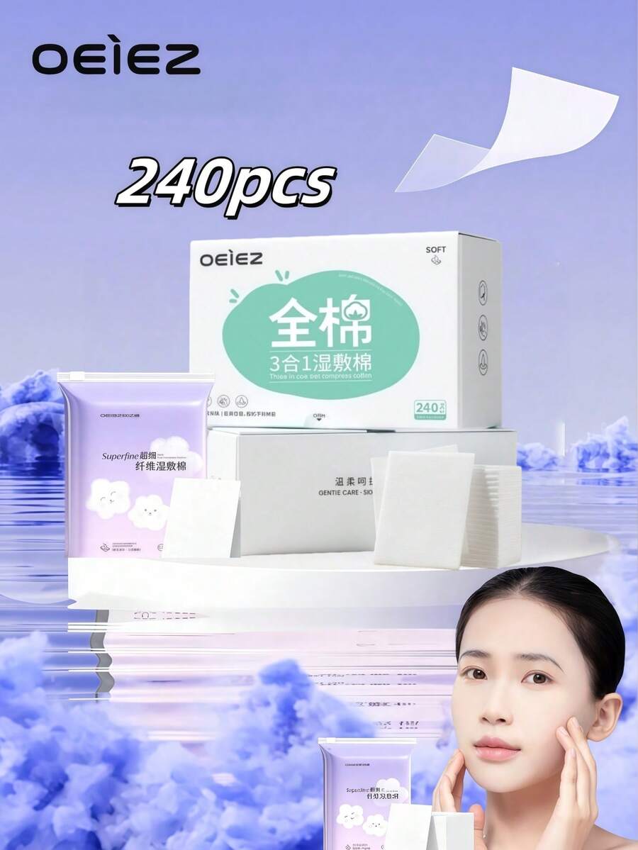 OEIEZ 240pcs Extra Large Low Allergy Makeup Remover Pads - Elastic, Non-Shedding, Suitable For Toner, Makeup Removal And Cleansing - Daily Makeup, Beauty And Personal Care - Multicolor - View 1