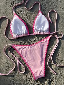 Women's Colorblock Ruffle Trim Bikini Set, Featuring Adjustable Triangle Cups And Tie Design, Suitable For Beach Vacation And Retro Style Summer - Hot Pink - View 4