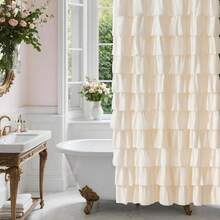 Beige Ruffle Shower Curtain - Farmhouse Ruffled Design, Cream Boho Bathroom Curtain With Elegant Layered Ruffles, Rustic Shabby Chic Style, Fabric Decorative Drapes 72x84, Extra Long.,72inchWx84inchL(Packof1),Beige - 米色 - 查看 1