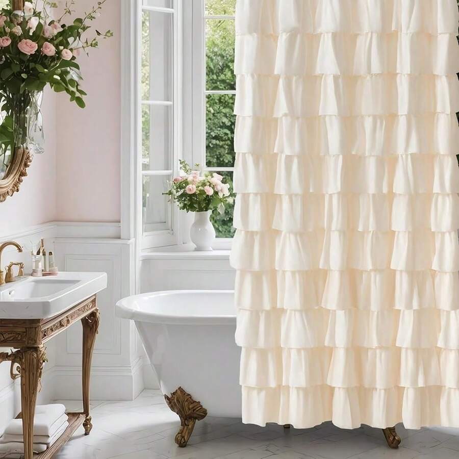 Beige Ruffle Shower Curtain - Farmhouse Ruffled Design, Cream Boho Bathroom Curtain With Elegant Layered Ruffles, Rustic Shabby Chic Style, Fabric Decorative Drapes 72x84, Extra Long.,72inchWx84inchL(Packof1),Beige - 米色 - 查看 1