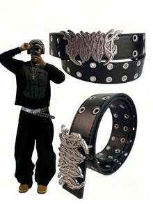 Plus Size Men's Belt, Leopard & Zebra Print Belt, European & American Street Style Goth Punk Inspired, American Cowboy Hip Hop, Hollow Out Rivet Black Leather Belt With Letter Flame Metal Buckle, Versatile For Hoodies, Jeans, Unisex - Multicolor - View 1