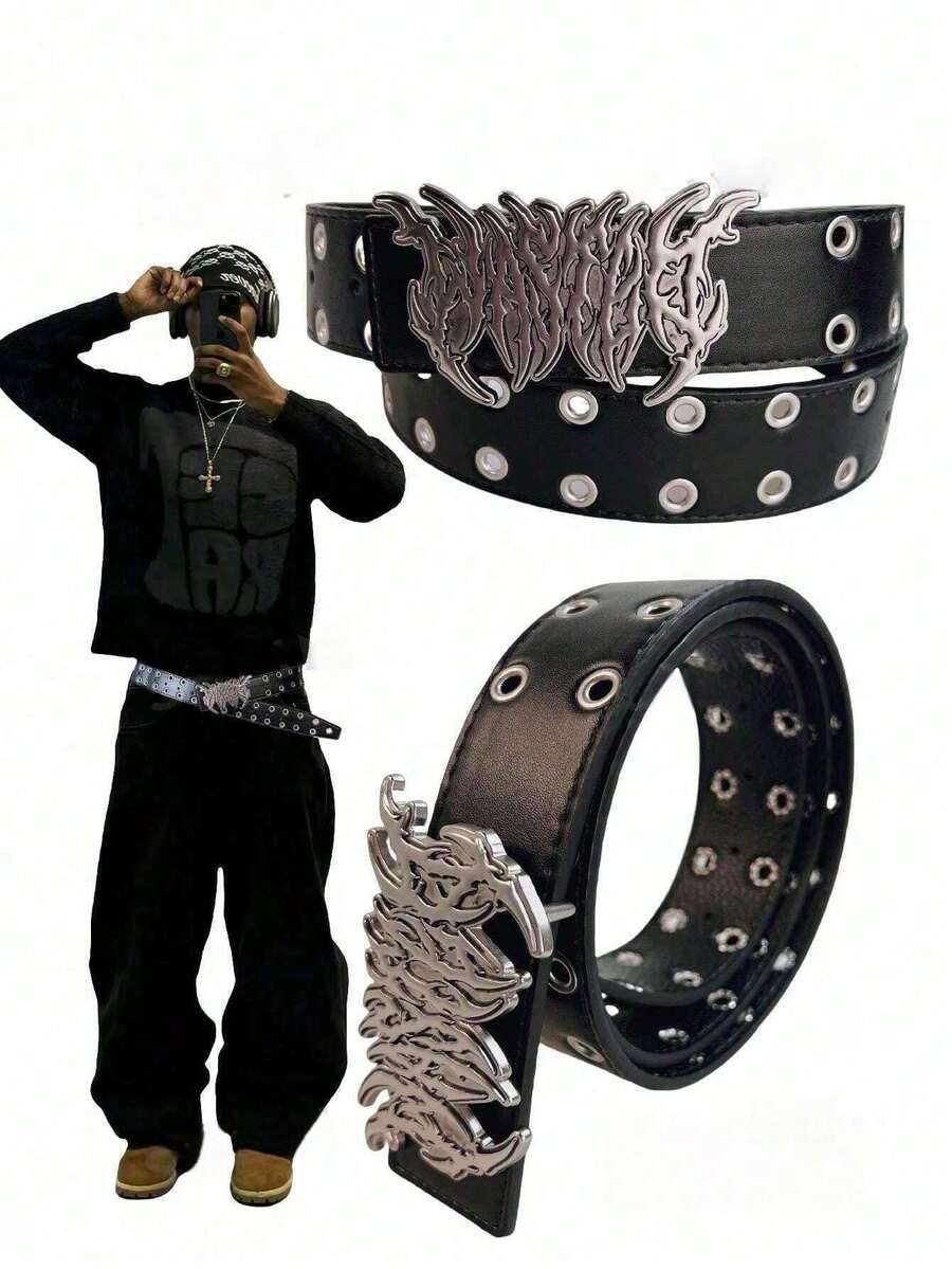 Plus Size Men's Belt, Leopard & Zebra Print Belt, European & American Street Style Goth Punk Inspired, American Cowboy Hip Hop, Hollow Out Rivet Black Leather Belt With Letter Flame Metal Buckle, Versatile For Hoodies, Jeans, Unisex - Multicolor - View 1
