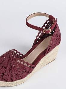 Women's Linen Rope Platform Lace Slip-On Hollow Out Round Toe Casual Sandals, Breathable Chunky High Heel Woven Fisherman Sandals - Burgundy - View 8