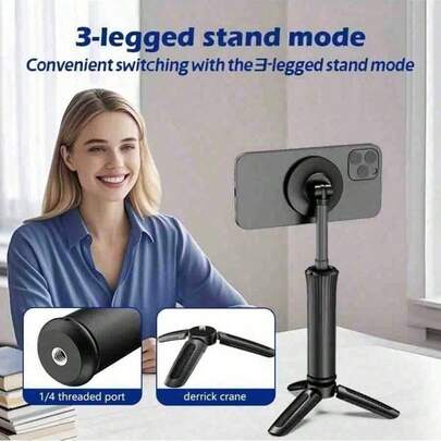 桌面双用途磁吸支架：配备金属磁吸片，可360°稳定旋转和夹持。是手机拍摄和观看电影的神奇工具，适合办公和旅行使用。轻巧便携，兼容所有智能手机。