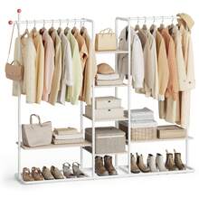 SONGMICS HOME Clothes Rail, Clothes Rack With Shoe Shelf, Heavy-Duty Storage Rack, 6 Storage Shelves, 2 Hanging Rails, Matchstick-Shaped Hooks, Natural Beige And Matte White - White - View 8