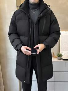 男士加厚长袖羽绒服，带帽中长款羽绒服，适合秋冬季穿着 - 黑色 - 查看 3