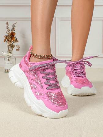 Women's Pink Sweet Patchwork Glitter-Embellished Cool Fashion Dopamine Style Casual Sneakers Holiday Party High-Street Outdoor Wedge-Heel Commuter Chunky Sole Chunky Sneakers With Laces , Low-Top Design Perfect For Campus, Parties, Gatherings, Work, And Everyday Life