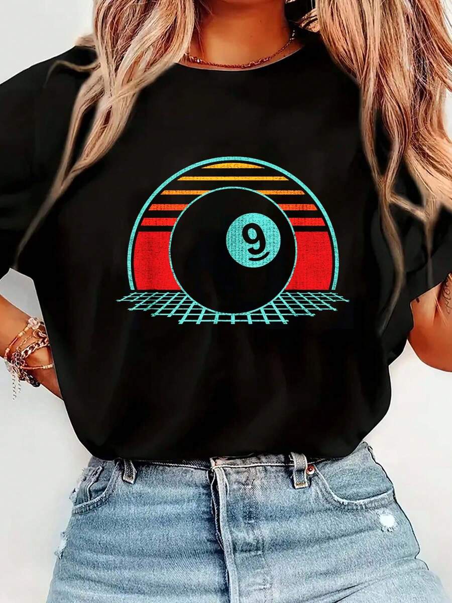 100% Cotton Pool Player Billiards Lover 9 Ball Retro 80s Nine Ball T-Shirt Graphic T-Shirts For Women, Casual Printed Short-Sleeved Women's Tops - 黑色 - 查看 1