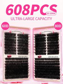 608PCS D Curl Fluffy Individual Lash Clusters 30D+40D/60D+80D, 10-16mm DIY Lash Clusters Extra Thick&Dramatic Volume&Ultra Soft&Super Light Reusable Individual Segmented False Eyelashes Eyelash Extension Kit For Self Use At Home Halloween&Cosplay&Daily Life - Black - View 8