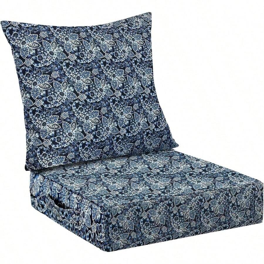 Outdoor Cushions Patio Furniture, Outdoor Cushion Set 24x 24x 5.75 Inch, Waterproof Fade Resistant Outdoor Chair Cushions, Deep Patio Chair Cushion With Removable Cover, Navy Blue - 綠色佩斯利花紋 + 24*24+5.75/25*22.5" - 查看 1