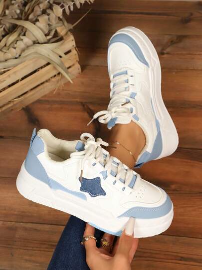 Teenagers' Spring/Autumn Leather Sneakers, Contrast Color, Suitable For Daily Wear, Adjustable Laces, Easy On/Off, Non-Slip & Durable TPR Outsole, Back To School Student Skate Shoes