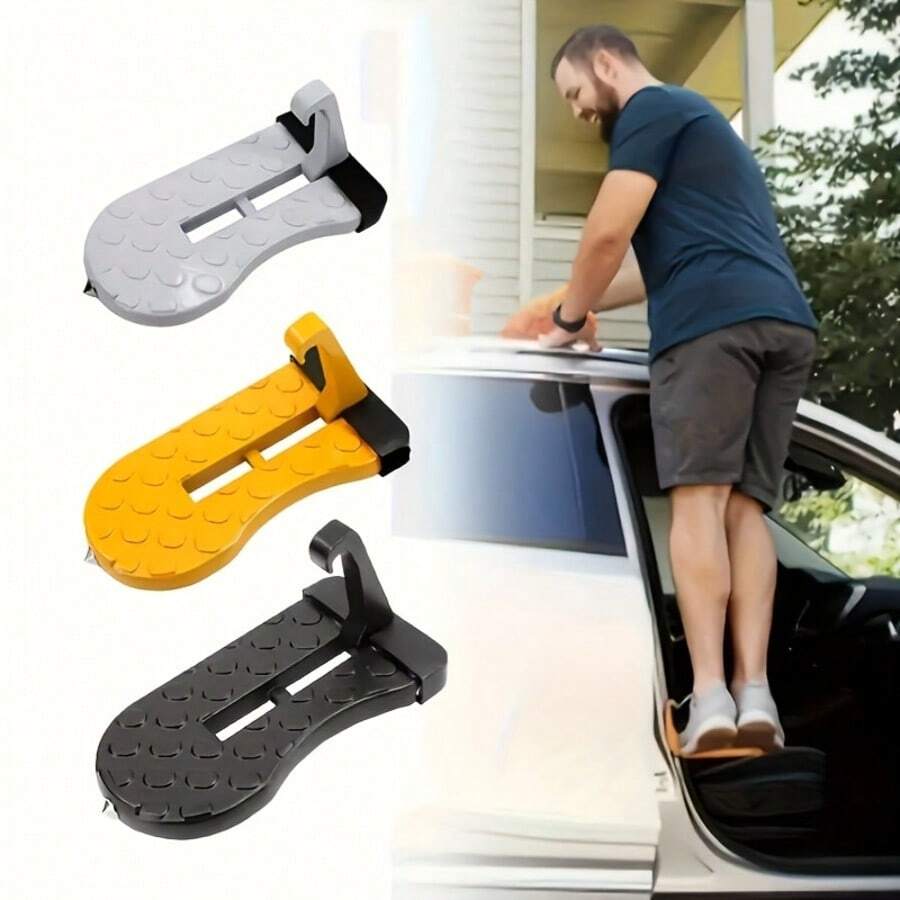 1pc Universal Foldable Car Door Step With Roof Rack, Matte Finish, Left Side Latch Access, Safety Hammer Included, Easy Roof Access Pedal For All Vehicles