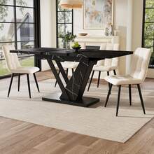 Telescopic Dining Table (120-160*75cm), Table, Kitchen Table, Extendable Table, Extends To 120-160cm With The Help Of Internal Inserts, For Kitchen And Living Room, Dining Table With Black Marble Pattern - Black - View 9