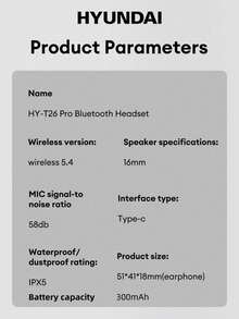 Tai nghe Bluetooth HYUNDAI HY-T26pro, kiểu dáng treo tai, âm thanh nổi HIFI chất lượng cao, độ trễ thấp, lý tưởng cho chơi game và nghe nhạc, thời lượng pin dài, micro rõ nét, tai nghe không dây tương thích với điện thoại thông minh và máy tính. - Một cỡ - Xem 10