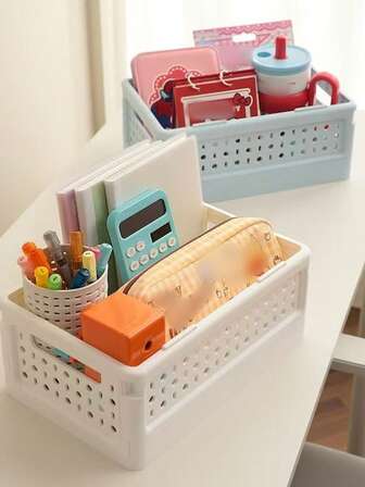 1 st enfärgad förvaringskorg för skrivbord, vit/blå plast hopfällbar skrivbordsorganisatör för hemmet, hopfällbar enfärgad förvaringskorg för kontorsmaterial, pastellfärgade lådor för förvaring, hopfällbara plastkorgar, blomdekorationer, heminredning, bord, heminredning, heminredning, organisering och förvaring, rumsinredning, rumsinredning, sovrum, för skolstart