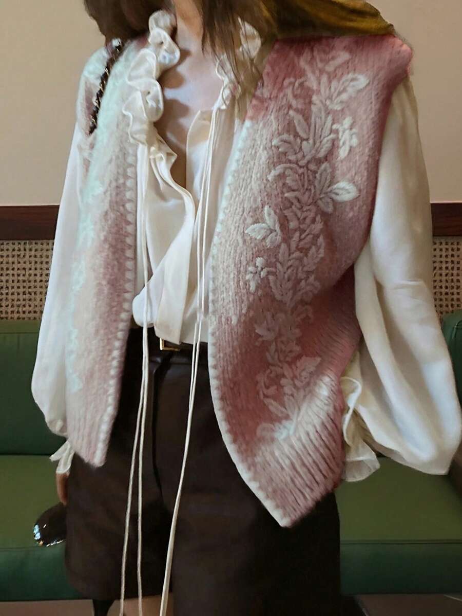 Alicedudu Chaleco de mujer con bordado floral hecho a mano, para otoño/invierno - Rosa - Ver 1