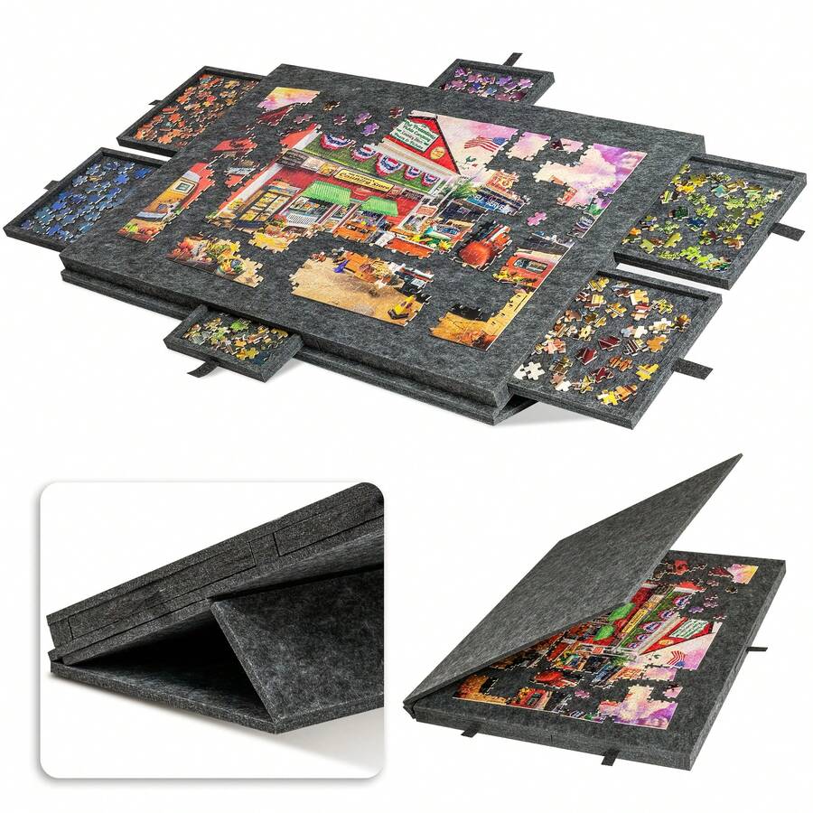 LOVEWE Foldable 6-Drawer Felt Puzzle Board (1000-Piece Max), Jigsaw Organizer - Thanksgiving Hobby Essential - Xám - Xem 1