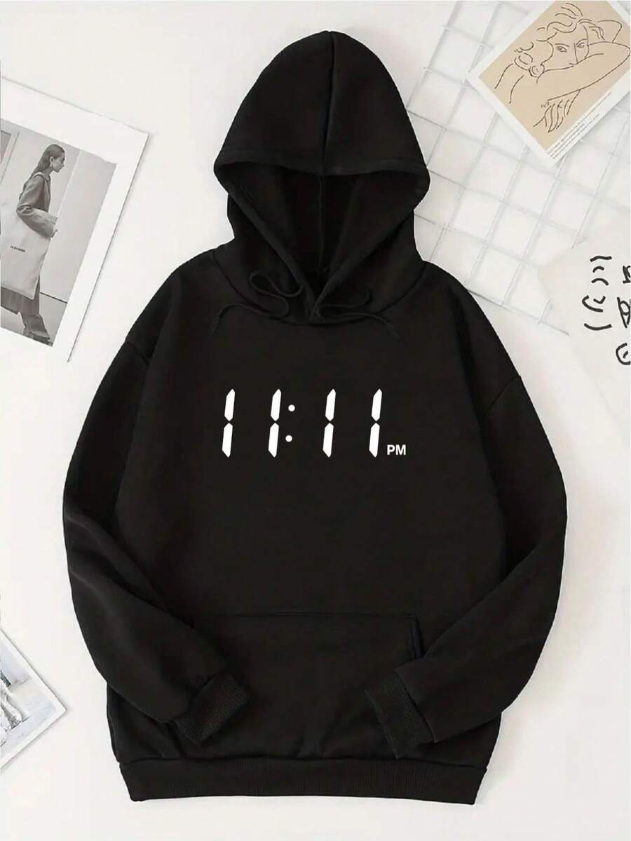 Men's Hoodie With Drawstring And Kangaroo Pocket With Graphics And Lettering - Black - View 1