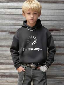 1pc Tween Boy Casual Printed Pullover Sweatshirt, Thermal Lined, Long Sleeve, Autumn/Winter - Dark Grey - View 7