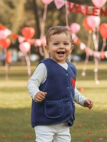 Toddler Boys Fleece Vest Lightweight Long Sleeve Heart Embroidery Button Down Kid Jacket Vest - 藍色 - 查看 9