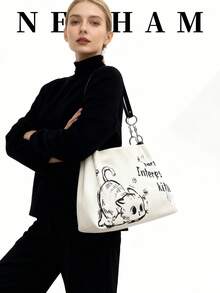 1个可爱猫咪图案手提包，大容量单肩包，女士适用，适合购物、上学、日常使用 - 白色 - 查看 4