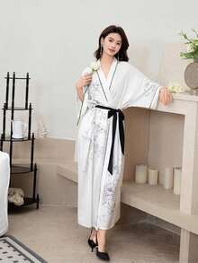 Retro Mid-Length New Chinese Style Minimalist Elegant Fashion Printed Kimono Cardigan, Casual Homewear Tie-Waist Robe, Lightweight Summer Beach Swimsuit Cover-Up, Thin Jacket