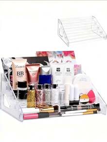 1 pieza Organizador de exhibición de maquillaje de acrílico transparente de 5 niveles - Organizador compacto para sombras de ojos, rubor, etc., soporte para gafas de moda y aceites esenciales, montaje sin herramientas, adecuado para baño o tocador, estantería para exhibición de cosméticos | Organizador de maquillaje portátil | Plástico para organizador de almacenamiento de mujer, artículos esenciales de viaje, regalo para el padre, de vuelta a la escuela - transparente - Ver 5